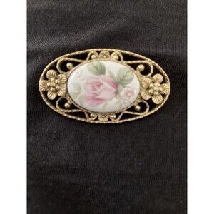 Vintage 1928 Oval Pink Porcelain Rose Brooch Gold tone Filigree Floral Pin